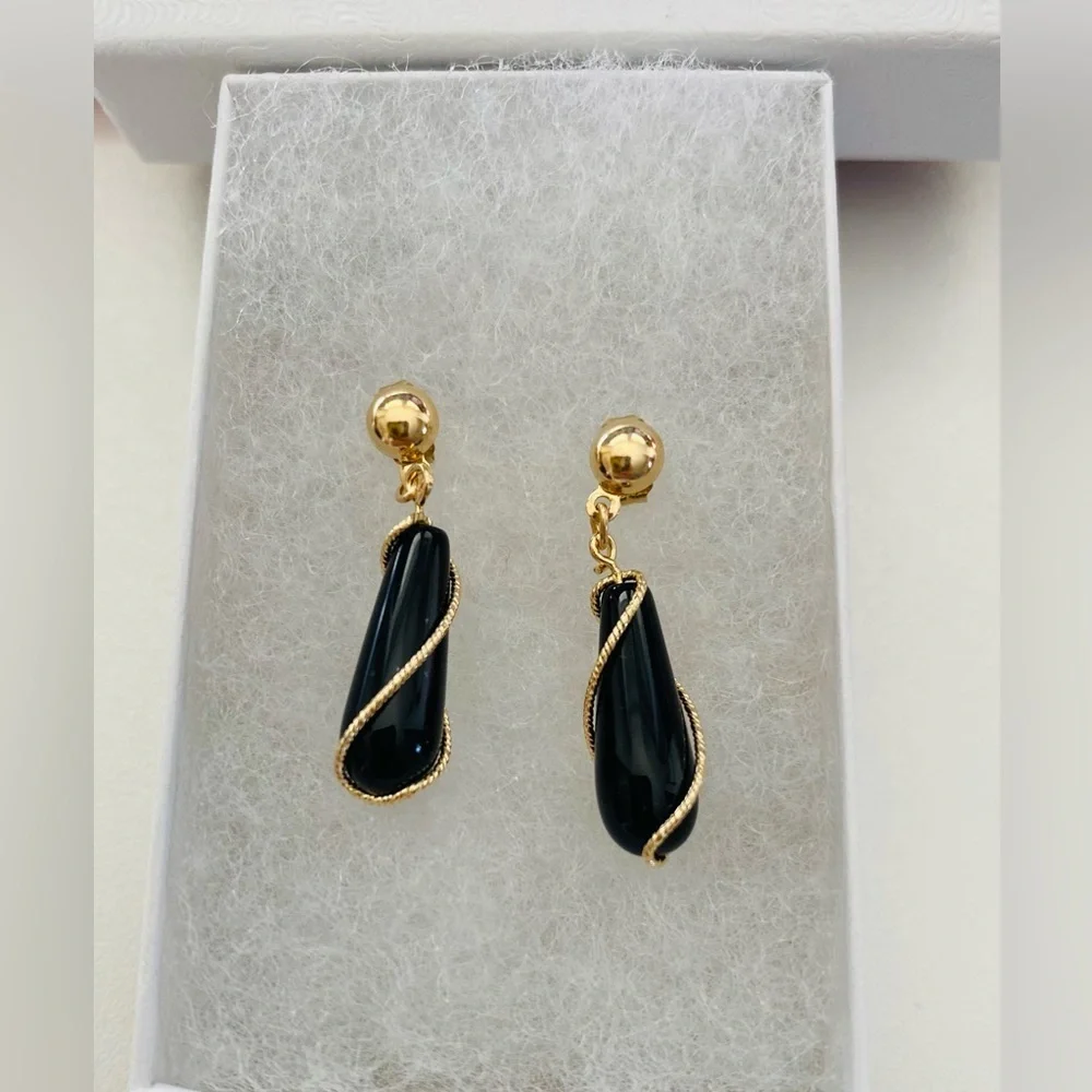 14K Yellow Gold 1” Onyx Dangle Gold Wire Twist Drop Earrings Vintage Unique - Picture 7 of 8